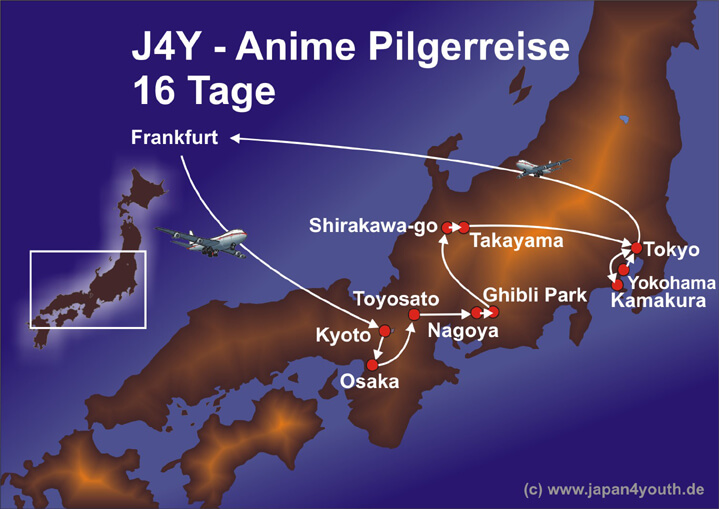 Map of the itinerary Japan4Youth anime tour 16 Days
