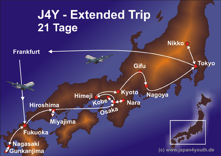Map of the itinerary Japan4Youth extended trip 21 days