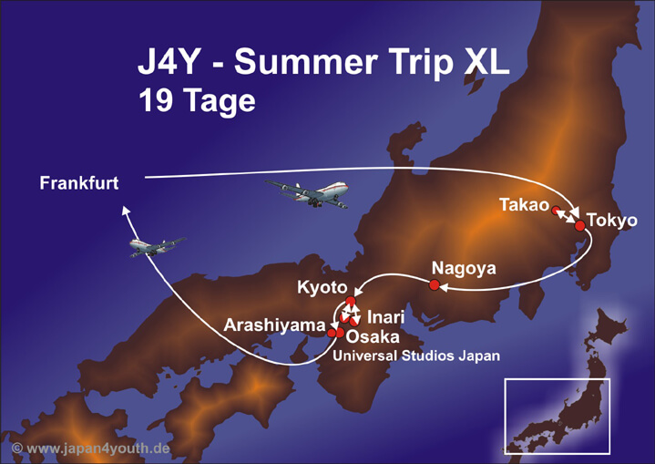 Map of the itinerary Japan4Youth Summer Trip XL 19 Days