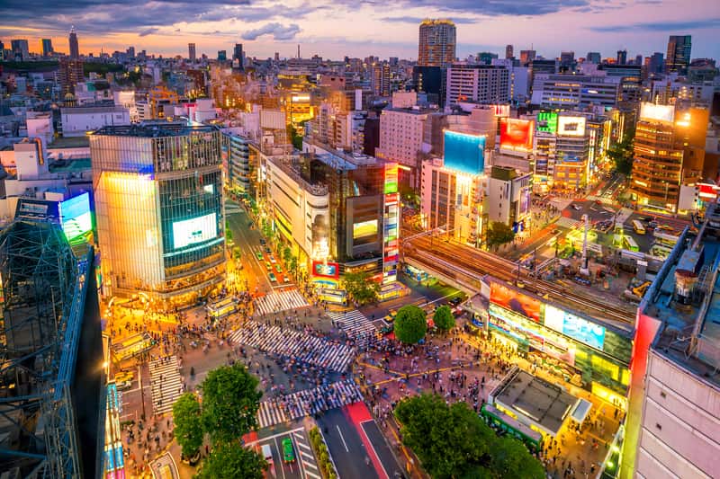 Shibuya Crossing in Tokyo Japan busy intersection